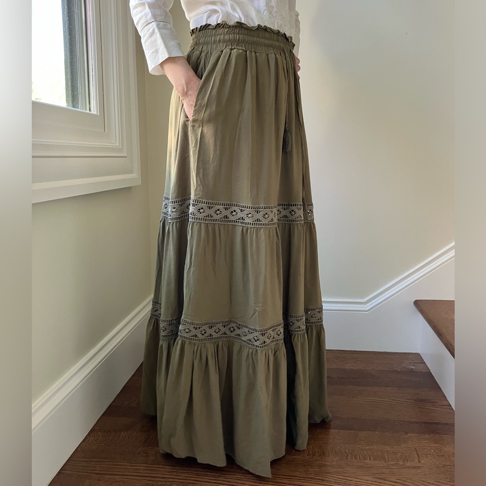 Scarlet Darkness tiered maxi skirt flowy Peasant Boho Cottagecore Prairie lace L - Picture 3 of 6